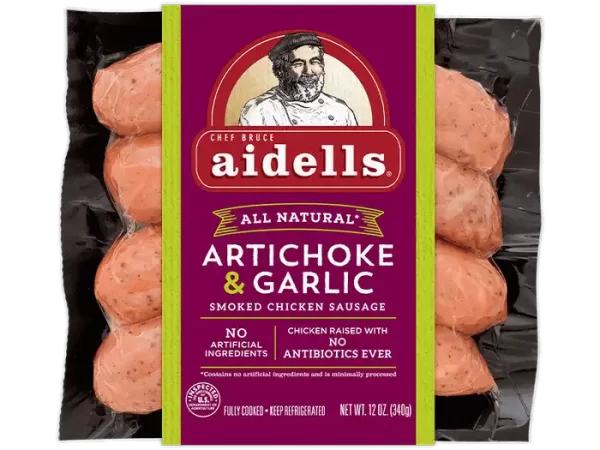 Aidells artichoke & garlic chicken sausage item # C013